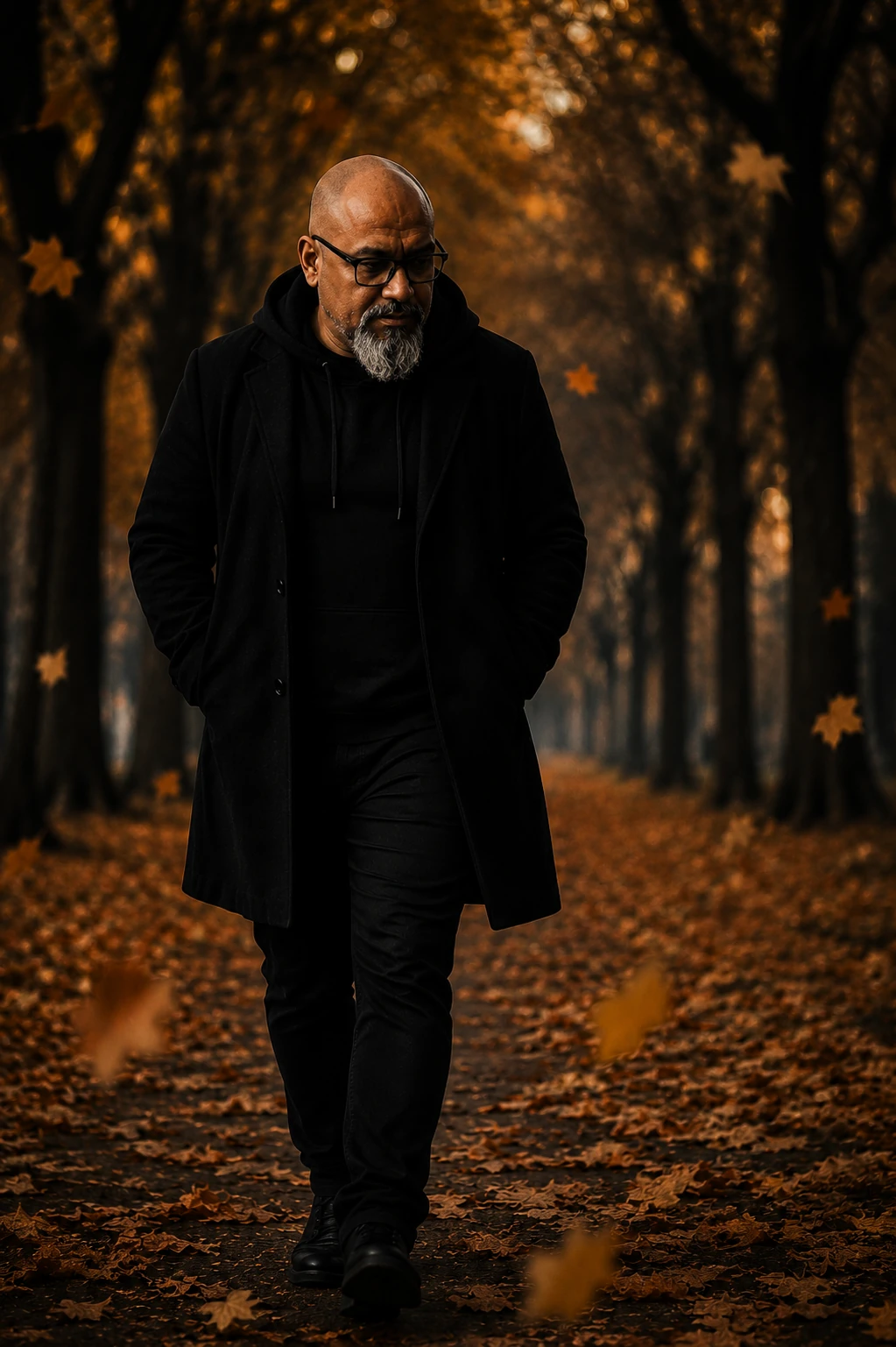 Albert Wilds walking through an autumn avenue